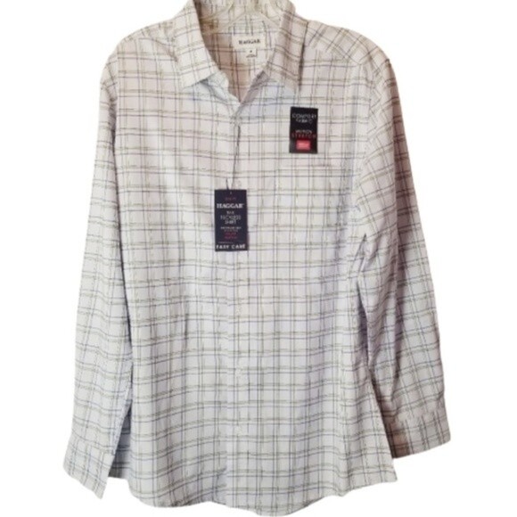 Haggar Tuckless Moisture Wicking Slim Fit White Plaid Shirt Size Medium - Picture 3 of 8